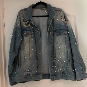 Sunday Funday Blue Oversized Pearl Denim Jacket